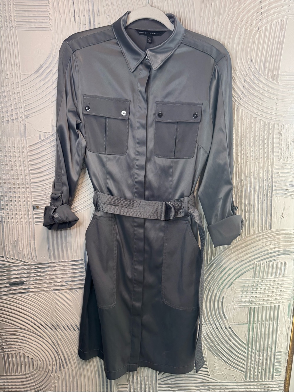 White House Black Market Slate Gray/Blue Utility Shirt Midi Dress
